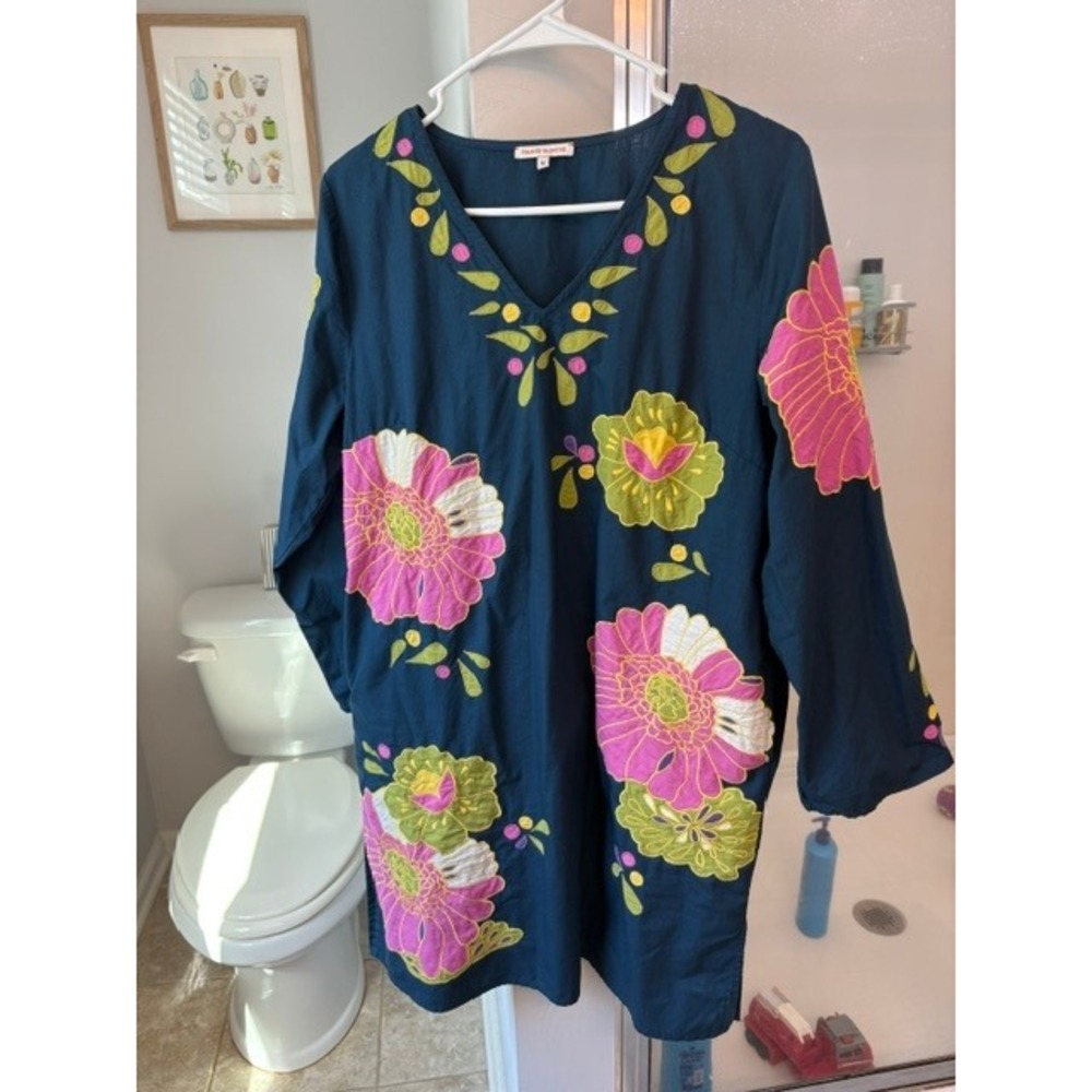 Frances Valentine Floral Embroidered Cotton Tunic Dress Blue Boho Size M